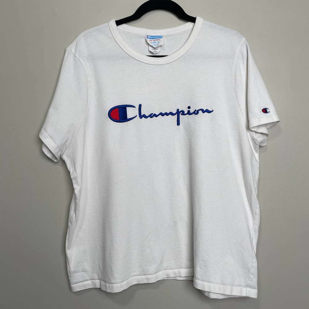 Champion Short Sleeve Crew Neck Embroidered Graphic Logo Tee T-Shirt White XXL